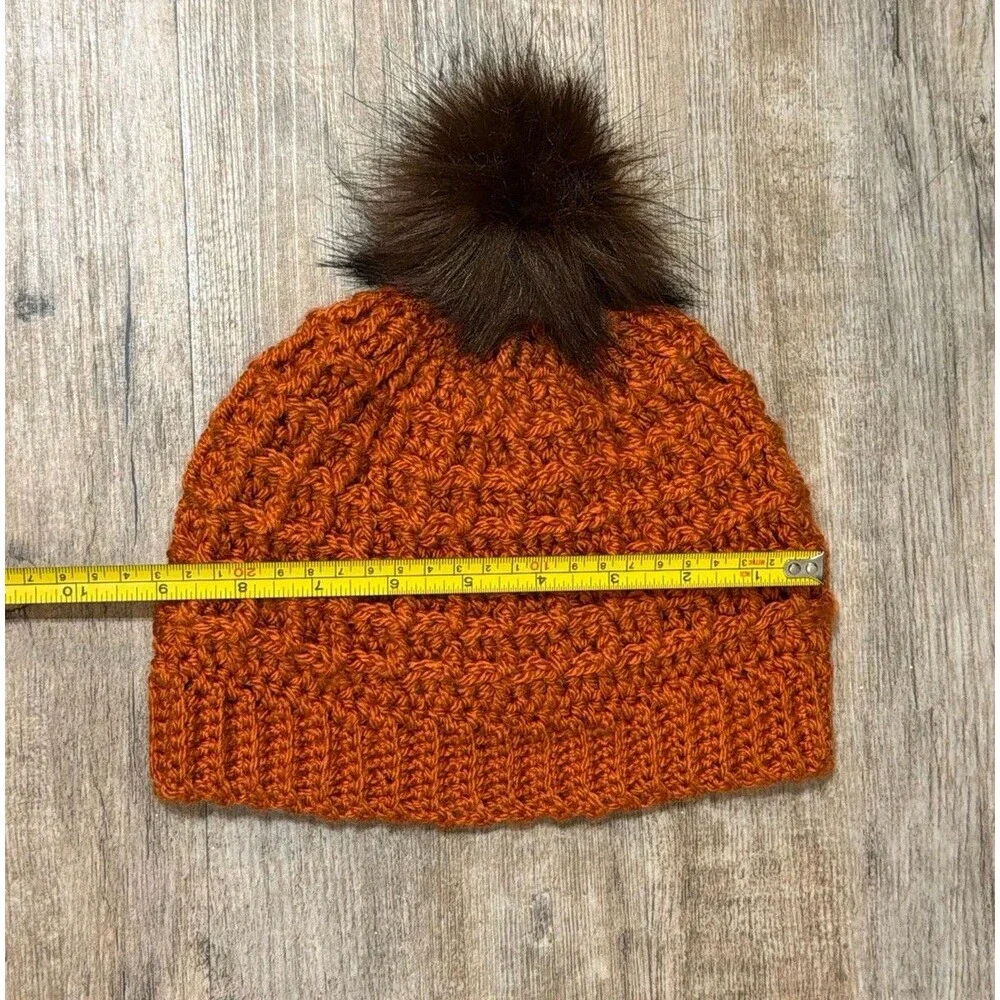 New Hand Crocheted Waffle Orange Acrylic Faux Fur Pom Pom Beanie Hat Women